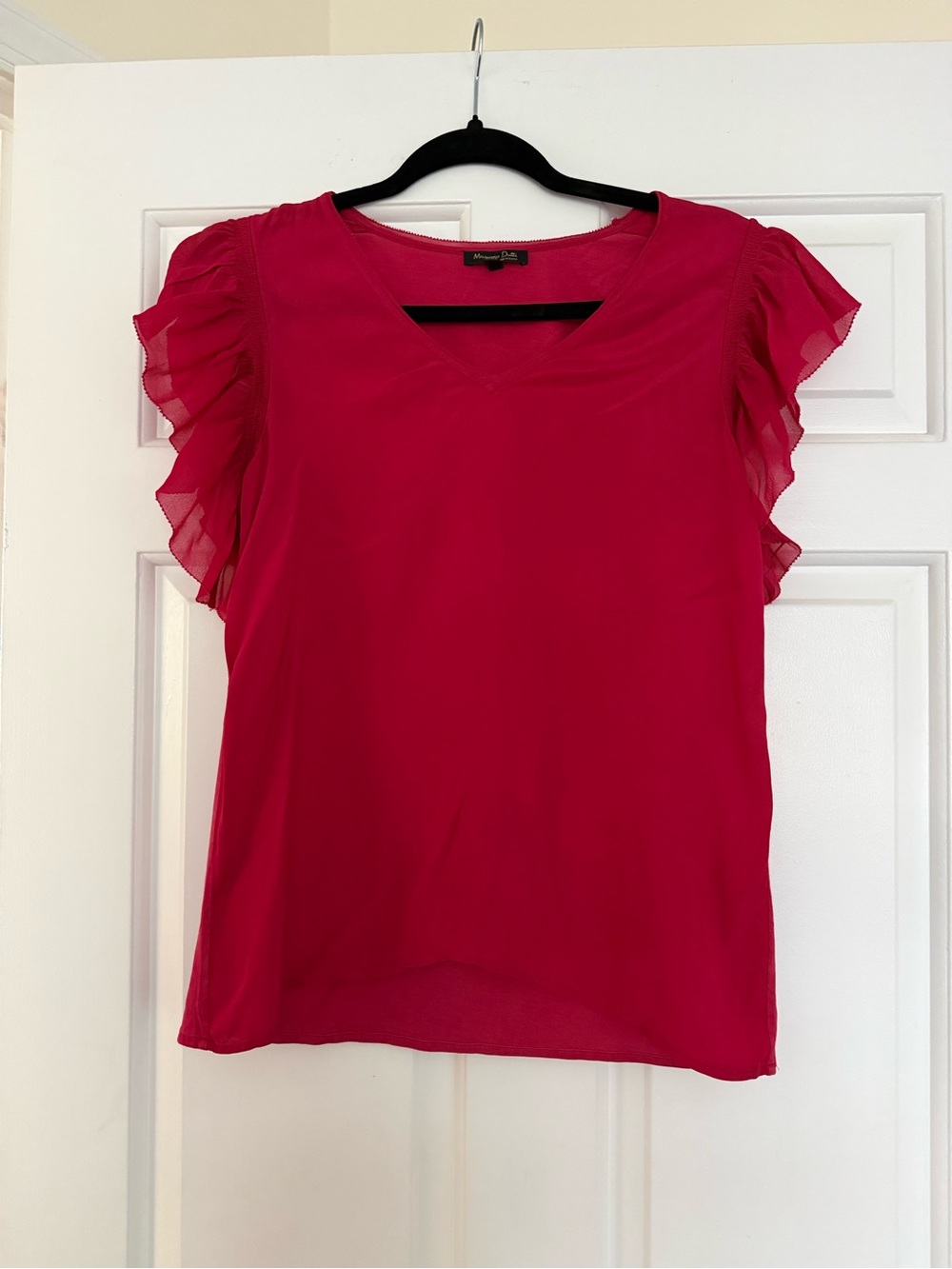 Massimo Dutti Fuchsia Ruffle-Sleeve V-Neck Blouse